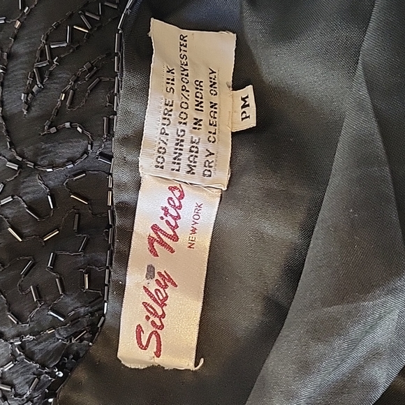 True Vintage 1980s Black Silk Bead Embroidered Over Coat Jacket Top M - Picture 3 of 4